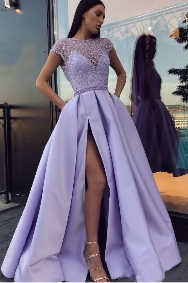 2024 Платье Для Выпускного Вечера С Короткими Рукавами И Вырезом По Бокам С Лифом Из Бисера