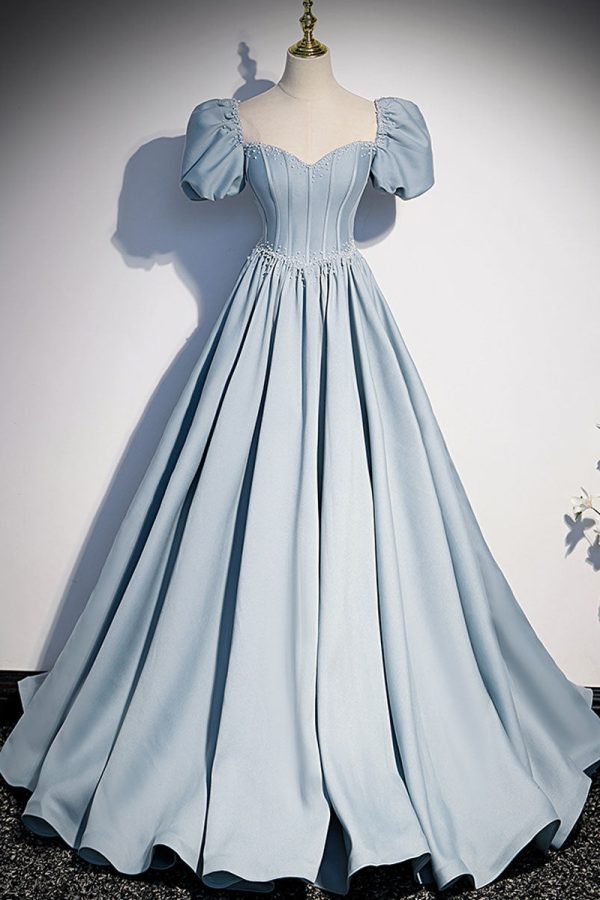 Длинное Выпускное Платье Из Светло-Голубого Атласа Для Празднования 16-Летия