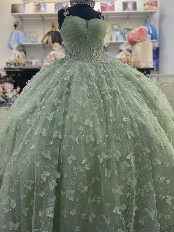 Бальное Платье Quinceanera Цвета Шалфея С 3D-Бабочками И Корсетом Из Кристаллов