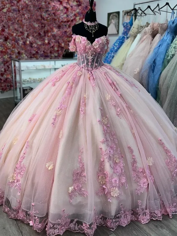 Розовое Кружевное Бальное Платье Quinceanera С Открытыми Плечами И Объемной Цветочной Аппликацией