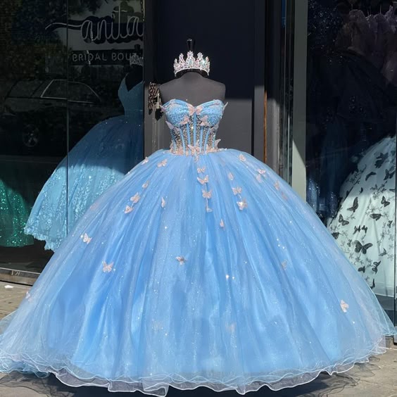 Небесно-Голубое Бальное Платье С 3D-Бабочками Quinceañera Sweet 16 Prom