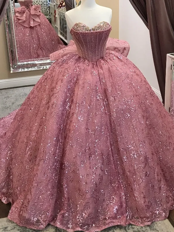 Розовое Бальное Платье Из Тюля С Пайетками, Корсетное Платье Quinceanera С Открытыми Плечами