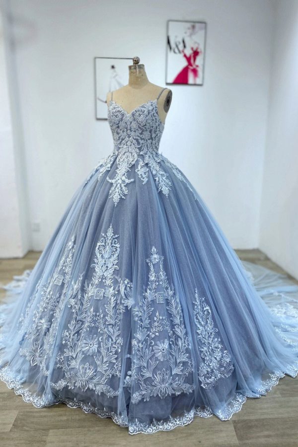 Пыльно-Синее Кружевное Бальное Платье Пышное Платье Quinceanera