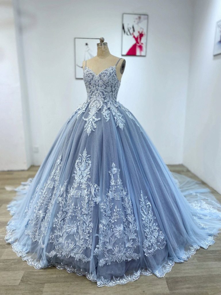 Пыльно-Синее Кружевное Бальное Платье Пышное Платье Quinceanera