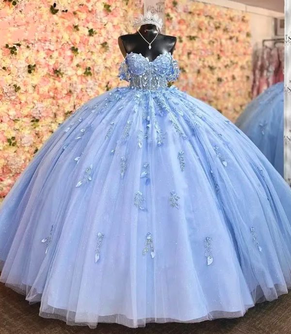 Блестящее Небесно-Голубое Бальное Платье Quinceanera С Аппликациями Из Бисера И Пайеток