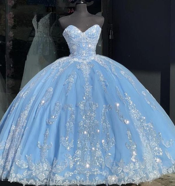 Платье-Футляр Принцессы Sweetheart Из Тюля Синего Цвета Quinceañera Со Шнуровкой