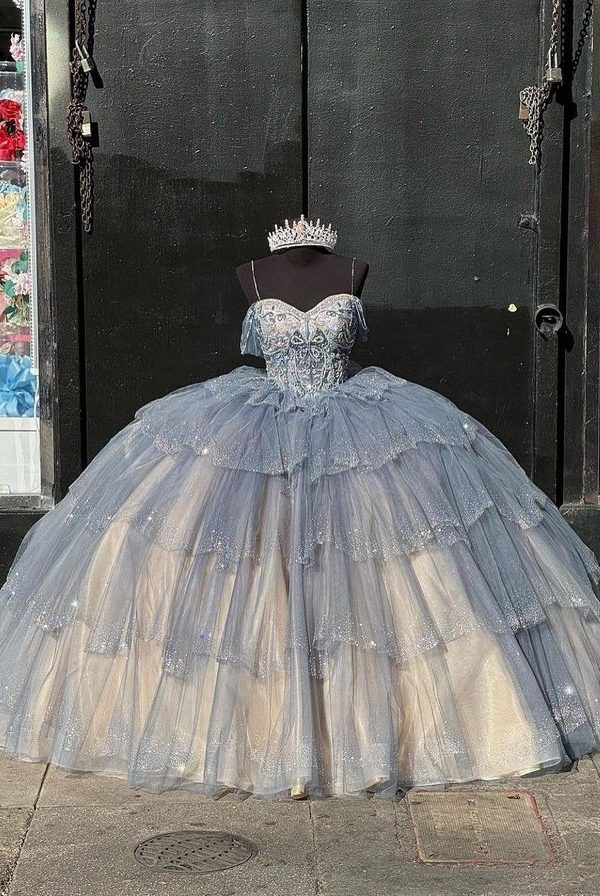 Блестящее Бальное Платье Из Тюля С Открытыми Плечами, Многоярусная Юбка, Расшитая Пайетками, Шнуровка