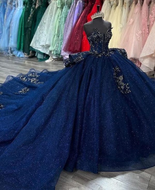 Бальное Платье Принцессы Для Празднования 15-Летия (Quinceanera) Темно-Синего Цвета С Блестками, Аппликацией И Корсетной Баской.