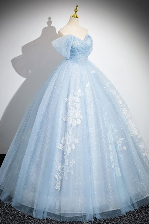 Синее Длинное Выпускное Платье А-Силуэта С Открытыми Плечами Из Тюля С Пайетками