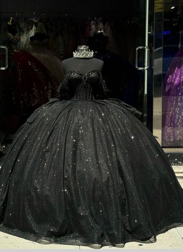 Блестящее Черное Бальное Платье Quinceanera С Бантом Из Бисера И Кристаллов