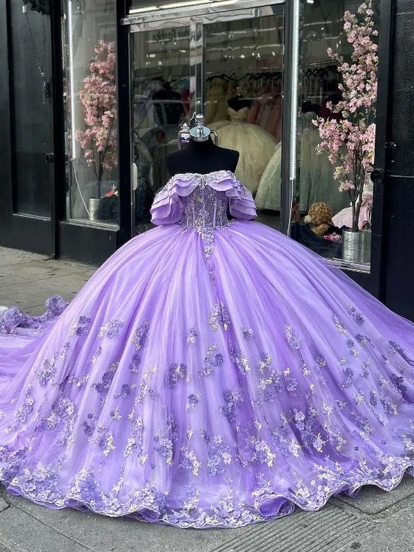 Сиреневое Бальное Платье С Открытыми Плечами И Юбкой Из Тюля С 3D-Цветочным Принтом