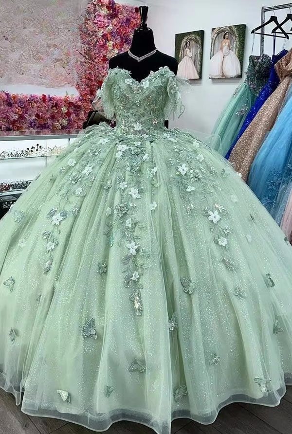 Платье Quinceañera Из Зеленого Тюля С Аппликацией На Открытые Плечи Sweet 16