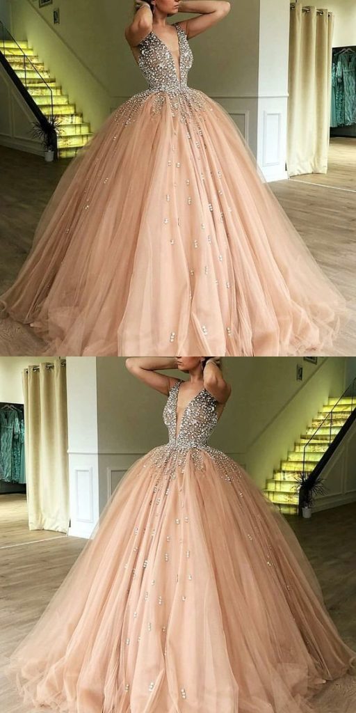 Роскошное Бальное Платье Из Тюля Цвета Шампанского С Ослепительным Топом С Глубоким Вырезом И V-Образным Вырезом, Платье Для Выпускного Вечера GDC1188