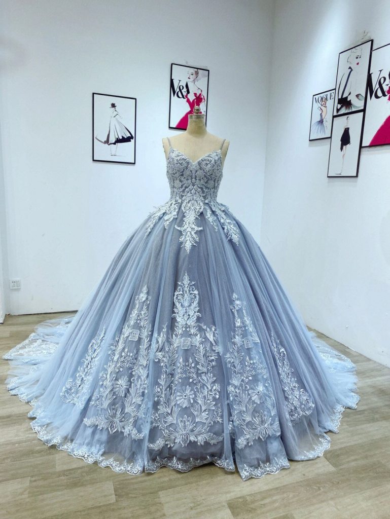 Пыльно-Синее Кружевное Бальное Платье Пышное Платье Quinceanera