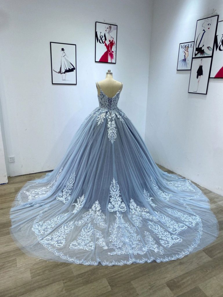 Пыльно-Синее Кружевное Бальное Платье Пышное Платье Quinceanera